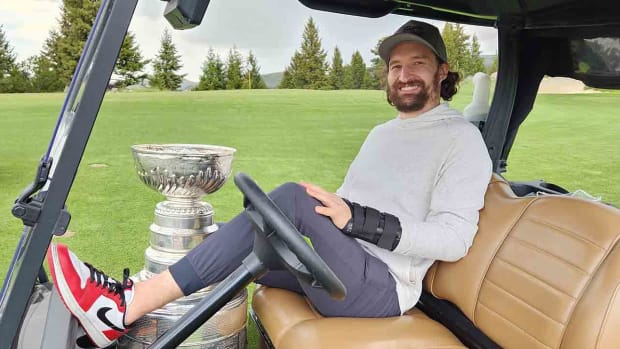 Las Vegas Golden Knights player Mark Stone with the Stanley Cup in Montana